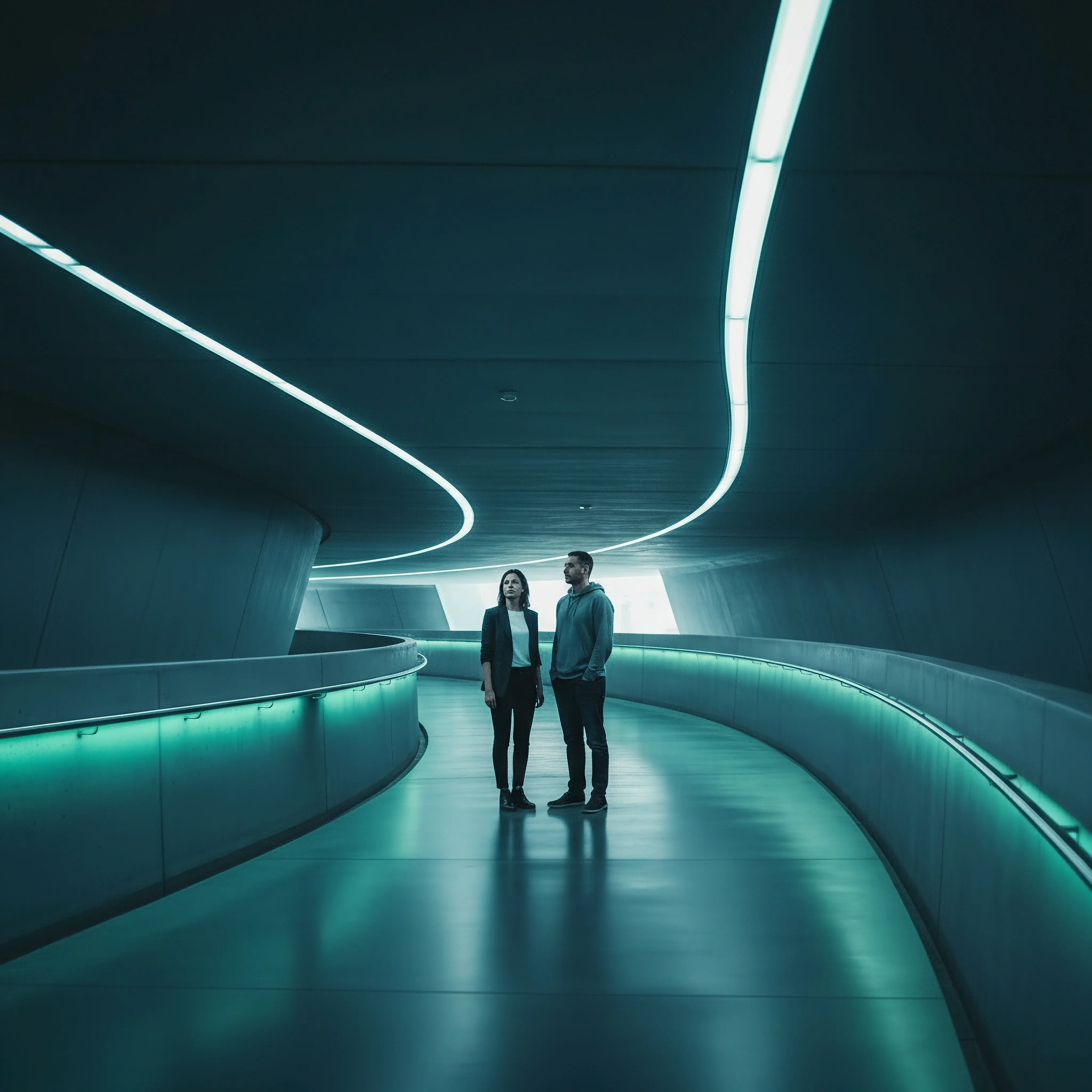 Two people standing on a futuristic bridge